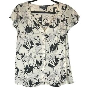 ModCloth Womens Size XL Floral Star Button Front Top White Black